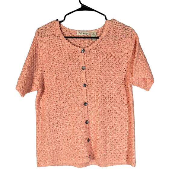 Orvis Pink Short Sleeve Textured Knit Button Down Sweater Blouse Women Sz M - Picture 1 of 6